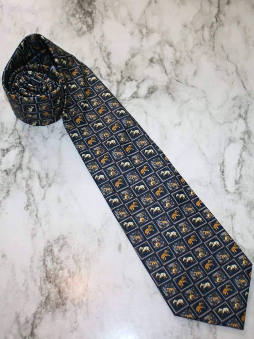 JIM THOMPSON Necktie Elephant Print Mandala Thai Silk Classic Office Blue Tan